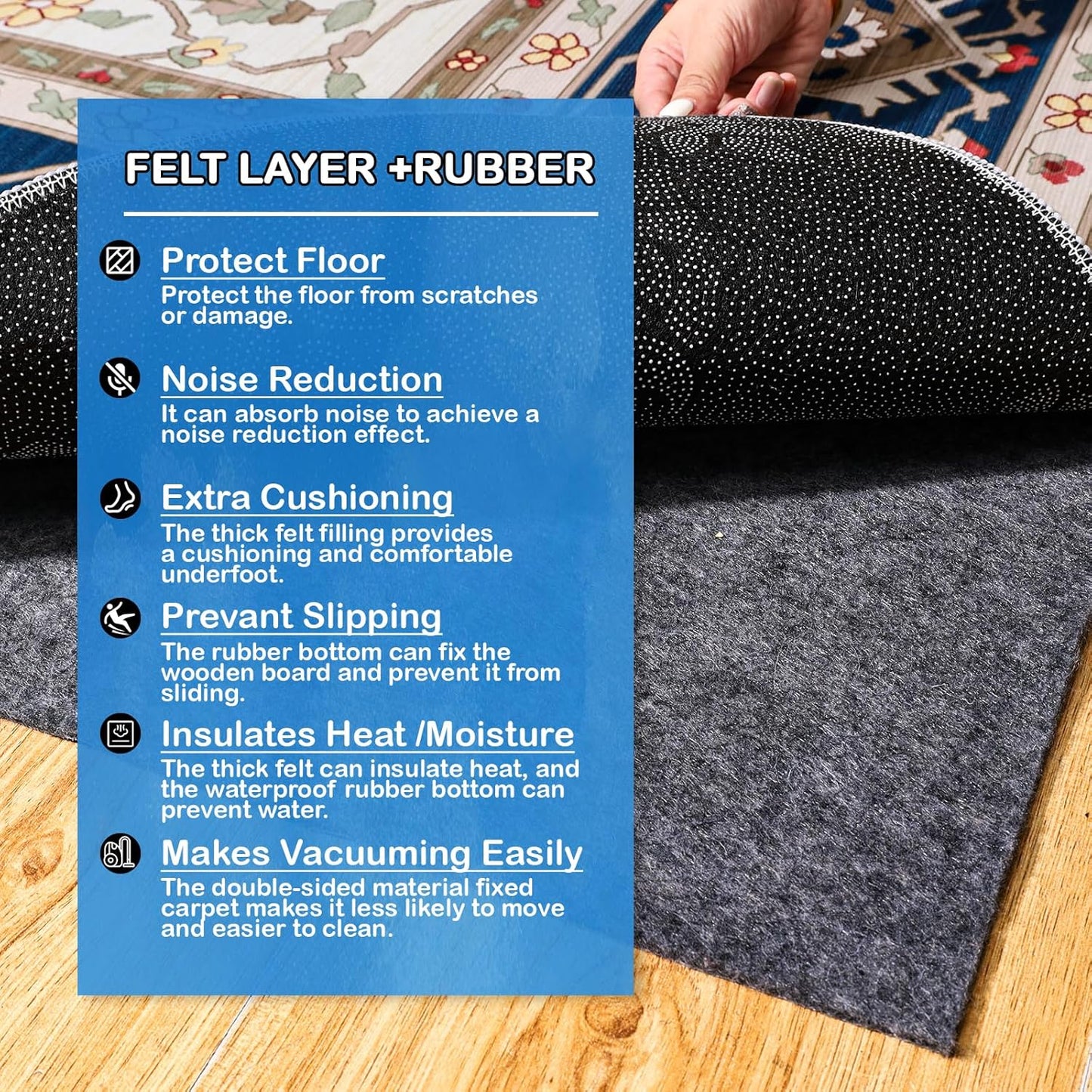 Non-Slip Rug Pads 1/4” Thick, 3x5Ft Waterproof Rugs Non Skid Rug Pad for All Floors and Finishes Durable Hardwood Floor Protective Felt Keeps Rugs in Place, Safe and Secure
