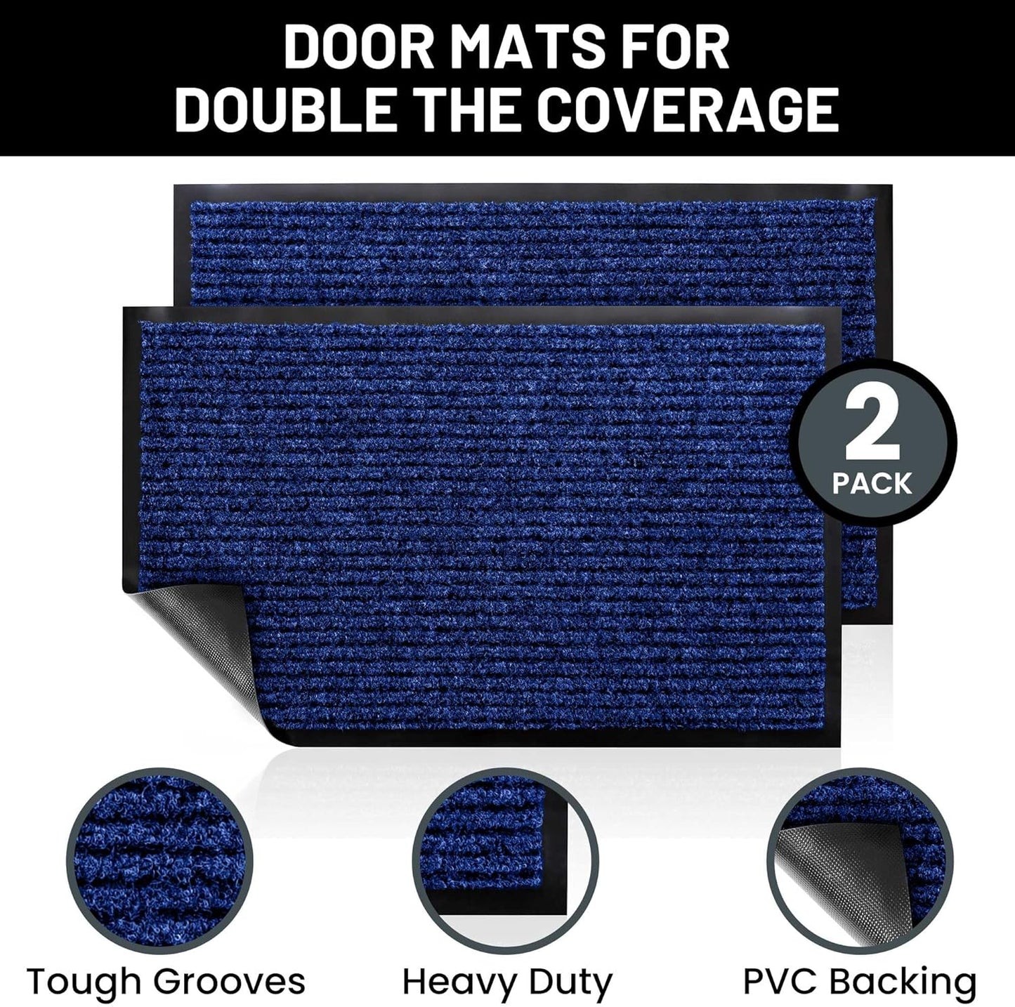 Sierra Concepts Front Door Mat Large Welcome Floor Mats - Entryway Indoor Outdoor Entrance Doormat, Patio, Porch, Muddy Dog Shoe, Inside Outside Low Profile 36x24in, 2-Pack Blue