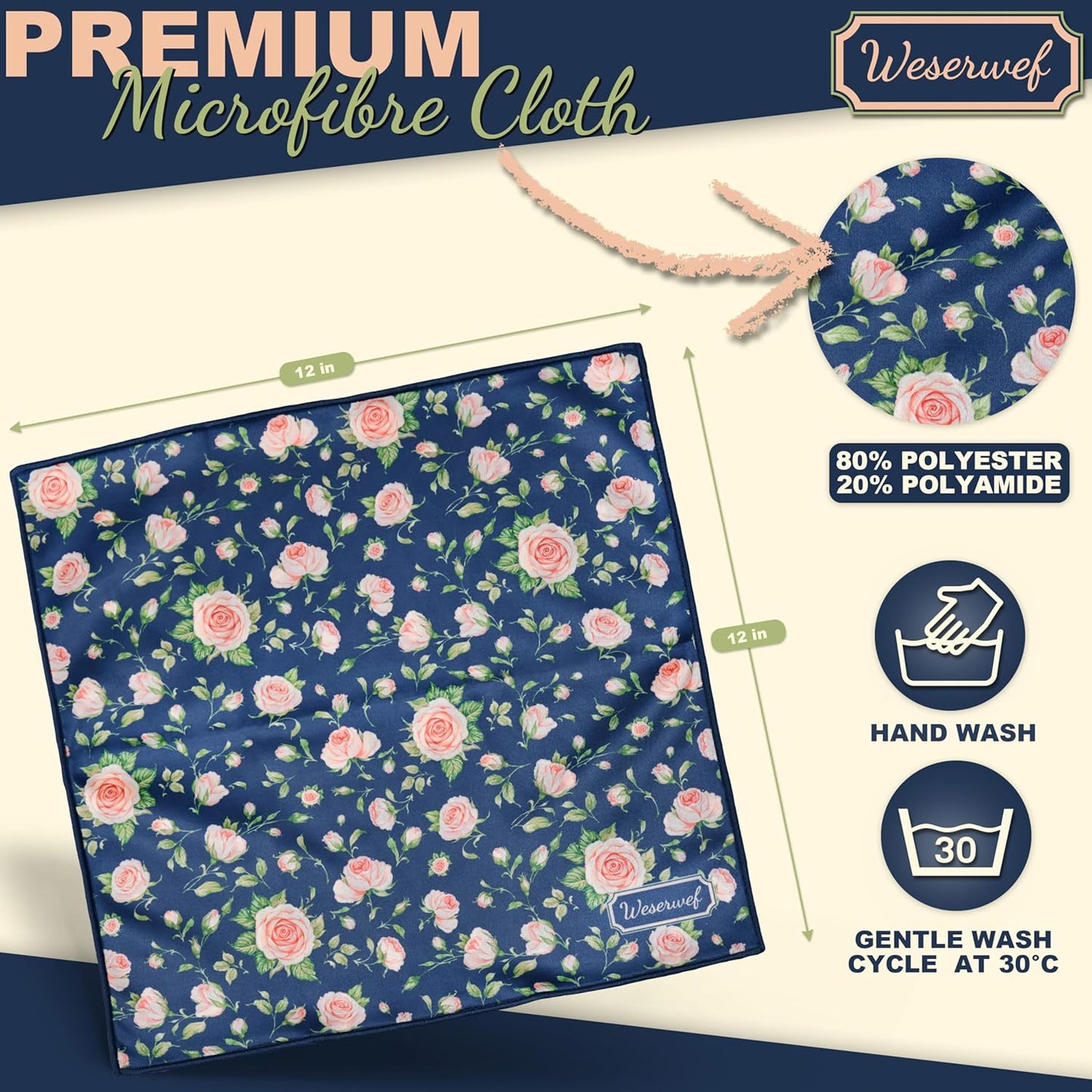 WESERWEF Design Microfiber Glasses Cleaning Cloth – Premium Cleaning Cloth for Eyeglasses, Screens, Tablets, Cameras & Lenses, 12" x 12", Ultra-Soft & Scratch-Free (Rose)