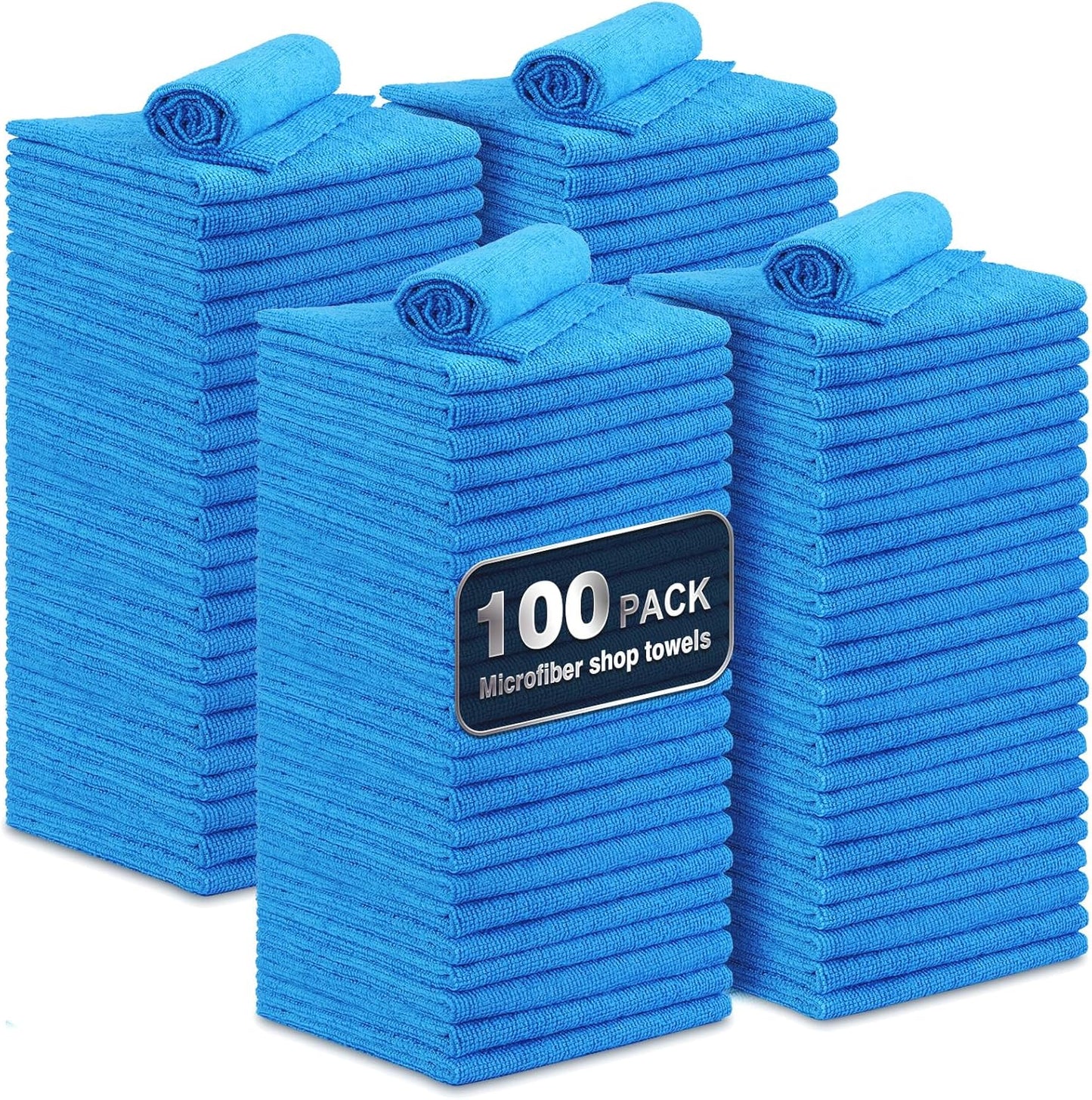 Shop Towels, 100 Pack Commercial Grade Work Rags Microfiber Towels for Cars Cleaning Rags Bulk Detailing Cloth for Automotive Bar Mechanic Restaurant Garage Housekeeping, 11.5"x 11.5", Blue