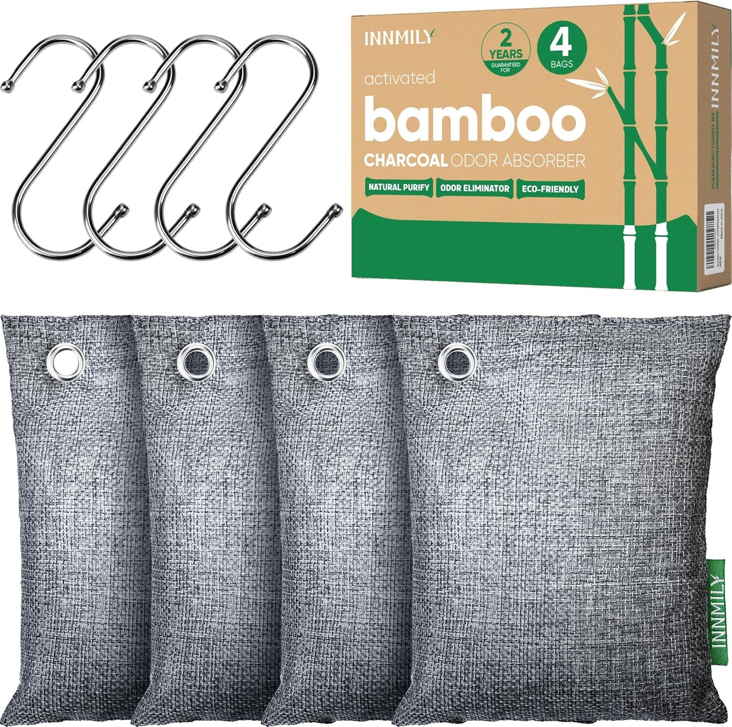 Activated Charcoal Odor Absorber,Large 4x200g w Hooks Nature Odor Eliminator for Strong Odor,Bamboo Charcoal Air Purifying Bags,Moisture Absorbers for Fresh Home Car Closet Pet,Smoke Smell Deodorizer