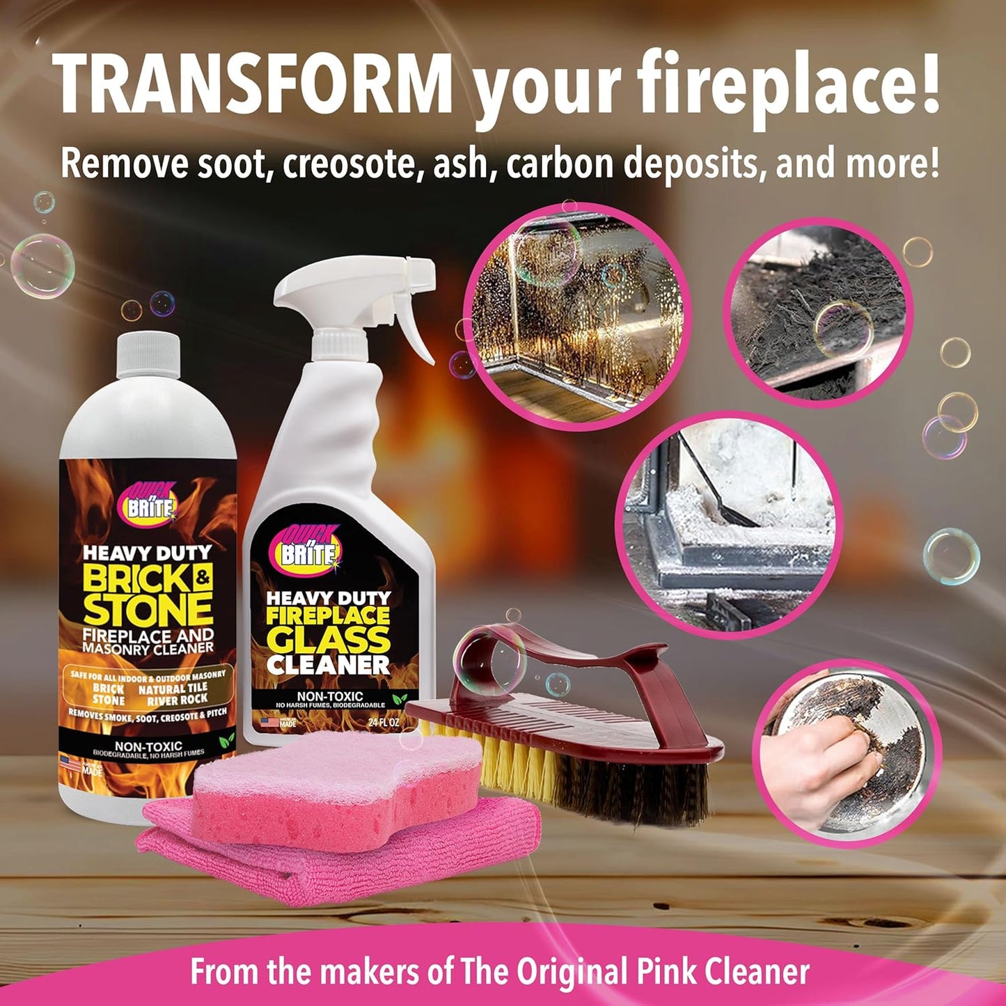 Quick N Brite Fireplace Cleaning Kit – Includes 24 oz Fireplace Glass Cleaner, 32 oz Gel Fireplace Cleaner, Scrub Brush, Sponge and Microfiber Towel
