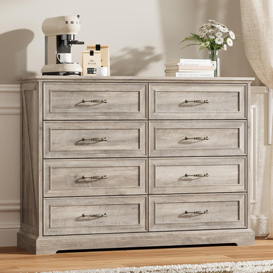 8 Drawer Dresser for Bedroom, 47" Wide Wooden Chest of Drawers, Rustic Farmhouse Dresser with Large Drawers & Metal Handles, Modern Storage Organizer for Closet, Living Room, Hallway, Grey