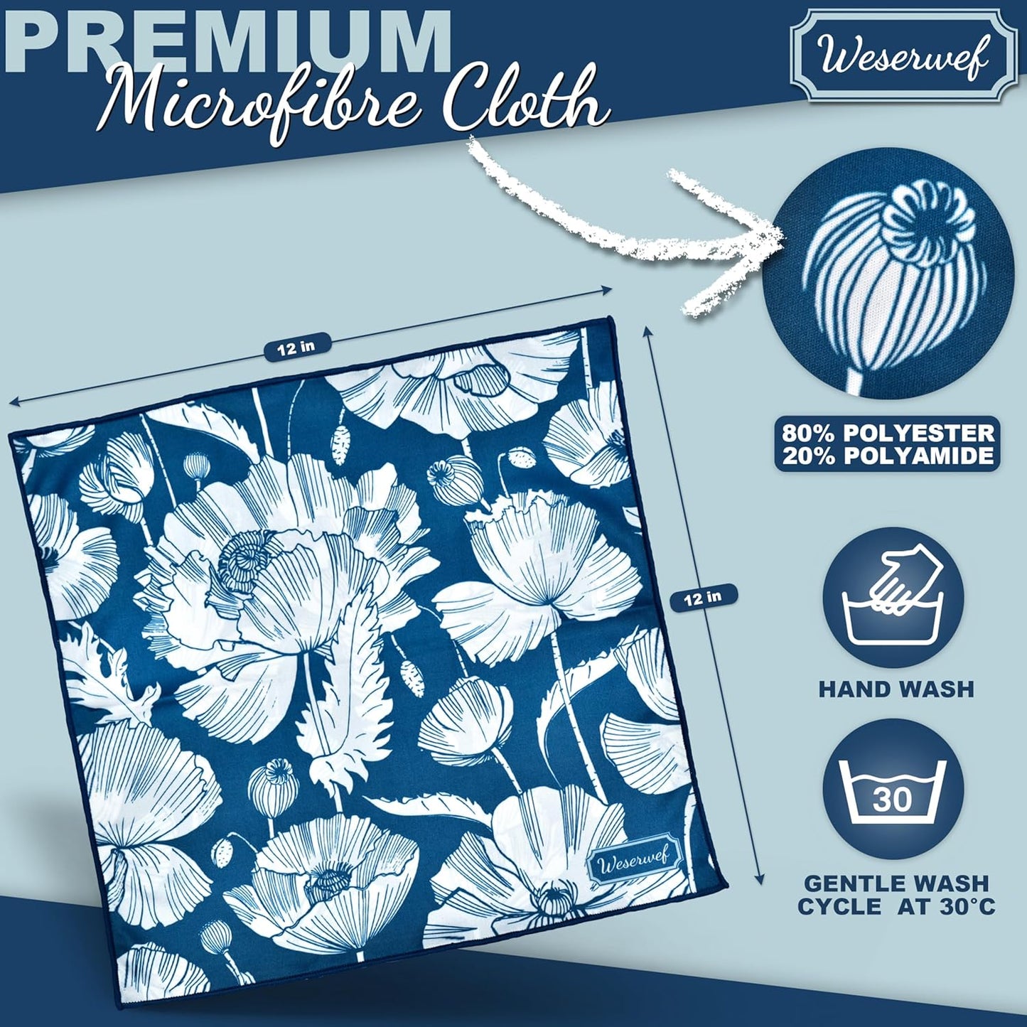 WESERWEF Design Microfiber Glasses Cleaning Cloth – Premium Cleaning Cloth for Eyeglasses, Screens, Tablets, Cameras & Lenses, 12" x 12", Ultra-Soft & Scratch-Free (Blue Poppies)