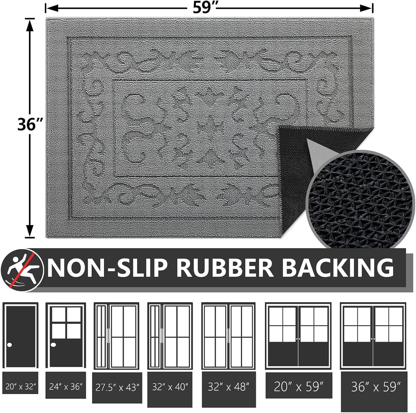 FONEYI Indoor Door Mat 36" x 59", Dirt Trapper Door Mats Non-Slip Entryway Rugs Washable, Absorbent Resist Dirt Welcome Mat, Low Profile Inside Floor Mats for Front Back Door and Entryway, Light Grey