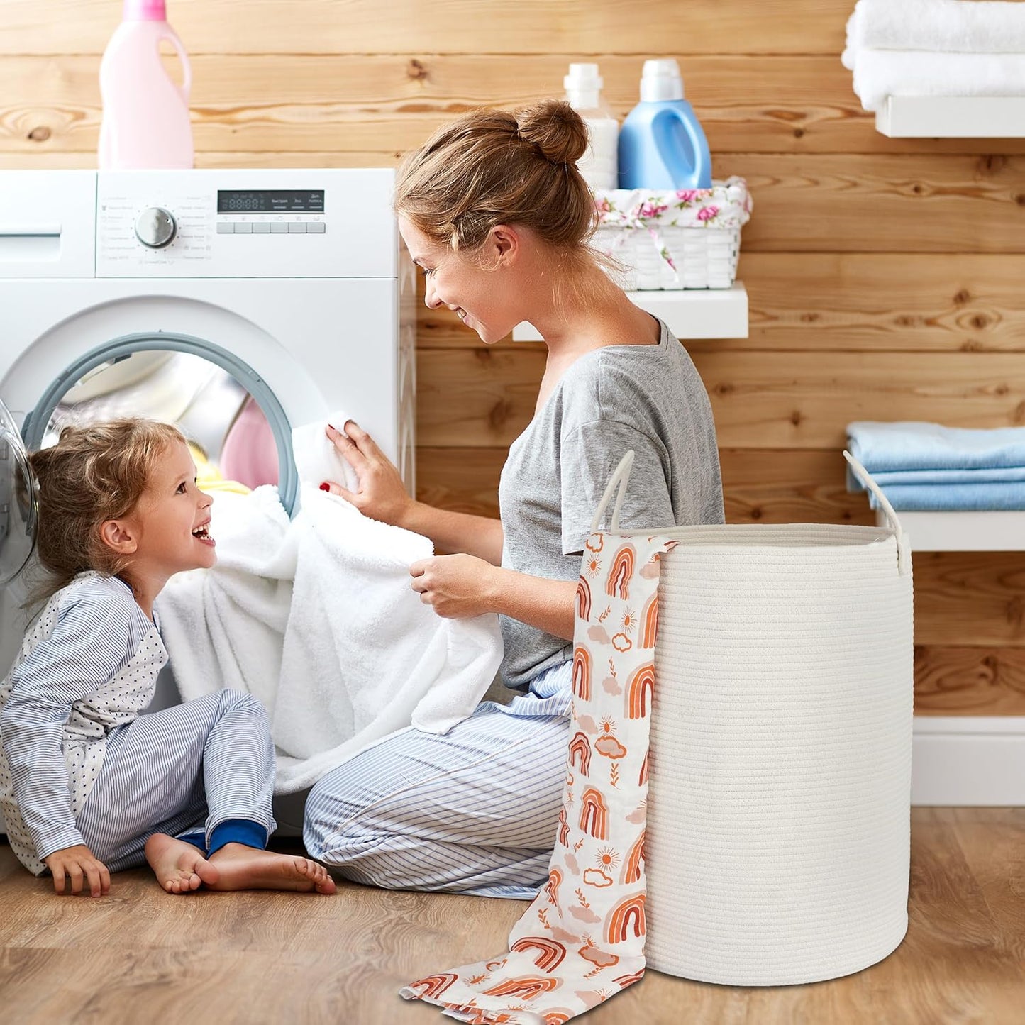 Cotton Rope Laundry Basket Hamper for Clothes Woven Storage Basket for Living Room Bedroom Boho Tall Rope Baskets for Blanket Toys Pillow Towels Baby Nursery Hamper Bin Large white