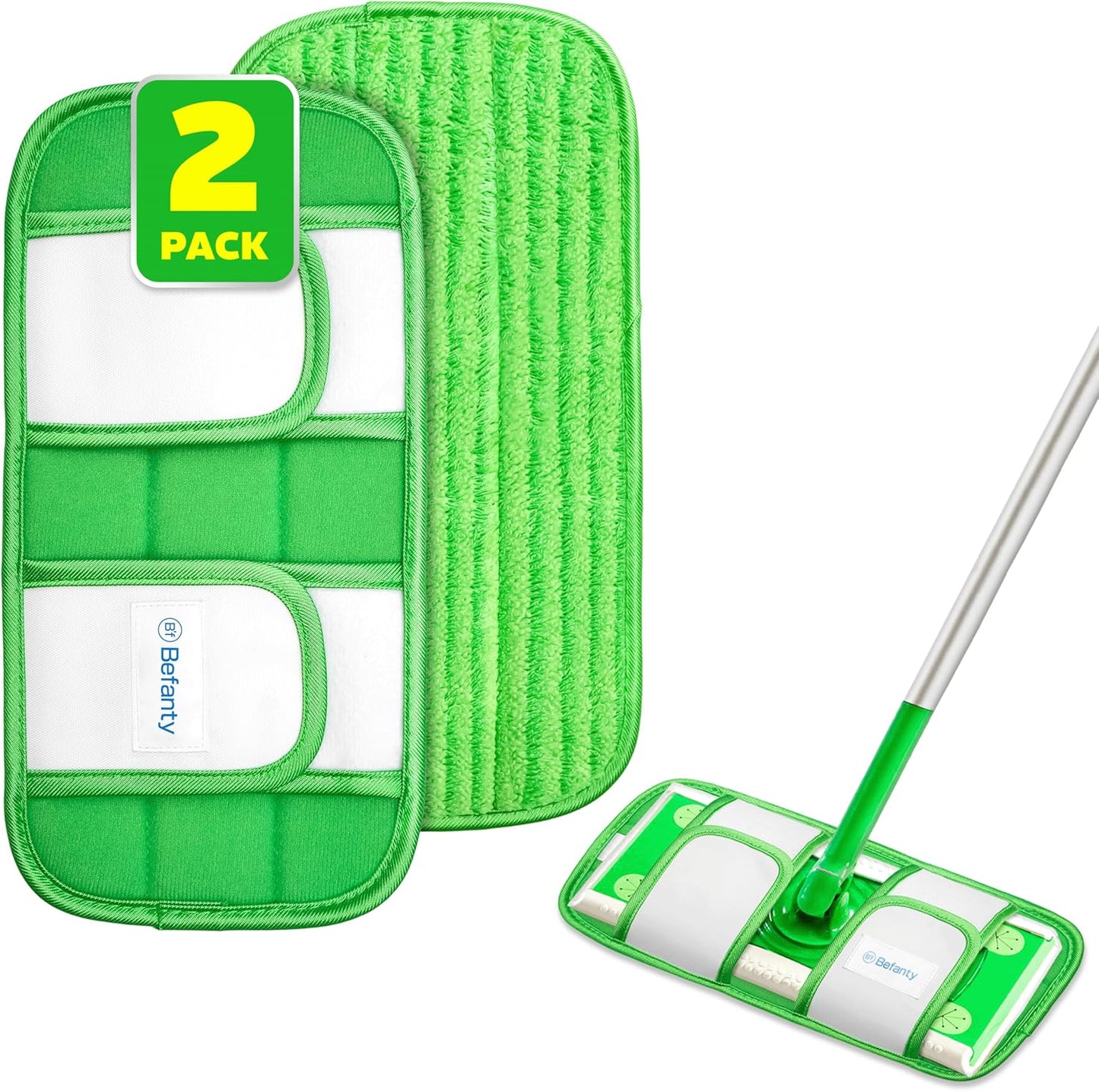 2 Pack Reusable Microfiber Mop Pads, Compatible with Swiffer Sweeper, Machine Washable Cloths, Refills for All Floor Cleaning, Hook and Loop, Wet Dry - 10"- 12"