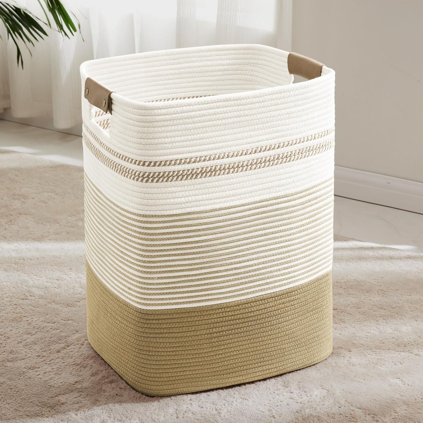85L Tall Laundry Hamper with Handles for Living Room Storage, Extra Large Woven Rope Baskets Bin for Blanket, Kids Toy, Gifts, Wicker Hamper for Bedroom Dirty Clothes, 17"x14"x22" Khaki