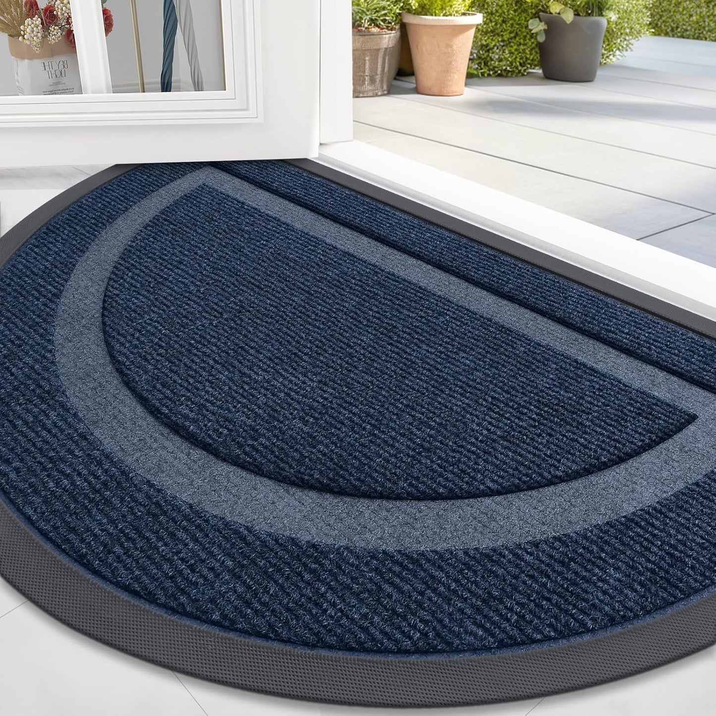 OLANLY Half Circle Door Mat Indoor Outdoor Entrance Welcome, Waterproof All-Season, All-Weather Doormat, Sturdy Natural Rubber, Low Profile, Easy Clean Patio Porch Entryway Mat, 59x35, Blue
